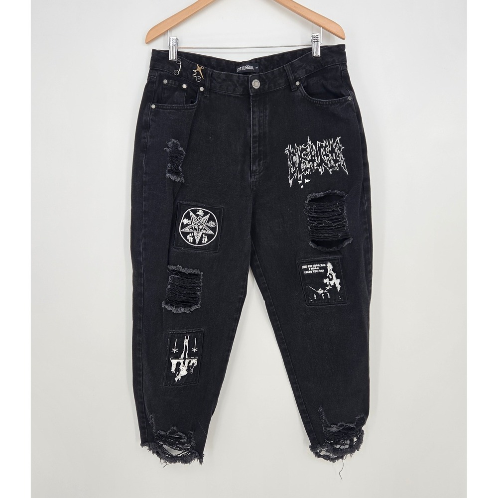 Disturbia Womens Mens 36 Black Distressed Jeans Emo Grunge Goth Punk High Rise